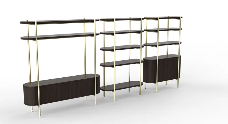 Freestanding bookshelf with slender metal uprights and dark curved shelves